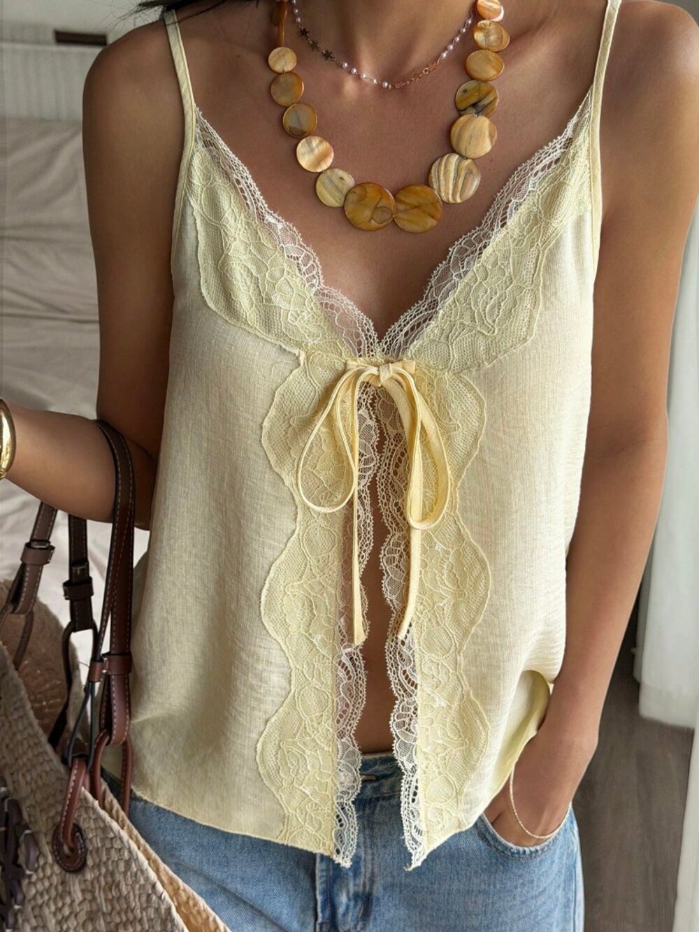 Yellow Casual Women's V-Neck Lace Patchwork Loose Fit Camisole top - Picture 5 of 7